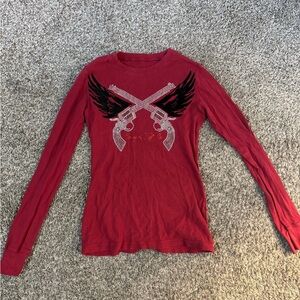 Y2K red bedazzled cowgirl Long Sleeve Top with Wing Design